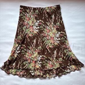 Y2K Notations Brown Floral Midi Skirt Ruffle Hem Size Large Casual Office